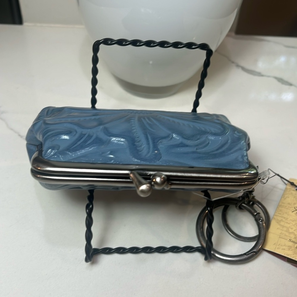 Patricia Nash SAFFLOWER BLUE Large Borse Tooled Leather Coin Bag/Key Fob NWT - Picture 6 of 11